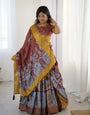 Elegant Kalamkari Lehenga in Maroon and Mustard with Flared Skirt and Dupatta