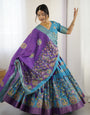 Turquoise Blue & Purple Kalamkari Tussar Silk Lehenga with Zari Border & Tassel Dupatta – Wedding & Festive Wear