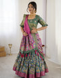 Green & Pink Kalamkari Tussar Silk Lehenga with Zari Border & Tassel Dupatta – Festive & Wedding Wear