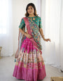 Elegant Kalamkari Lehenga in Fuchsia Pink and Green with Floral Dupatta and Story Print Skirt
