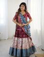 Wine Maroon Kalamkari Lehenga with Blue Floral Dupatta