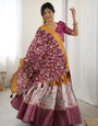Maroon Kalamkari Lehenga with Mustard Zari Embroidered Dupatta