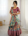 Wine & Turquoise Kalamkari Tussar Silk Lehenga with Floral Motifs, Zari Border & Tassel Dupatta – Wedding & Festive Wear