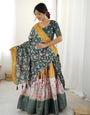 Bottle Green Kalamkari Flared Lehenga with Mustard Dupatta
