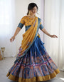 Elegant Kalamkari Lehenga in Mustard and Royal Blue with Flared Skirt and Dupatta