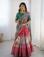 Elegant Kalamkari Lehenga in Rani Pink and Teal Green with Mythological Print and Floral Dupatta