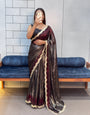 Midnight Wine Elegance – Rich Soft Shimmer Saree with Sabyasachi Embroidery Lace