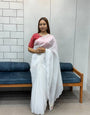 Elegant White Embroidered Saree with Red Bandhej Blouse | Classy Ethnic & Festive Wear