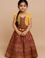 Kids Ethnic Maroon & Mustard Yellow Banarasi Lehenga Gown with Gold Zari & koti