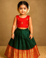 Green and Red Pattu Pavadai for Kids – Traditional Silk Skirt and Top for Girls
