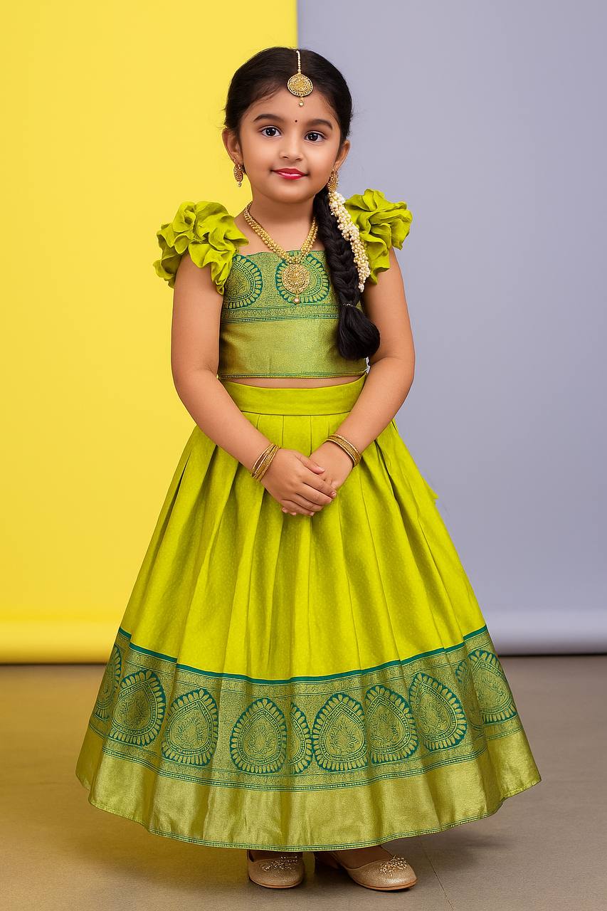 Parrot Green Silk Kids Lehenga Choli with Puff Sleeves and Zari Border –  Traditional Festive Wear
