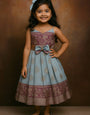 Kids Dusty Blue & Wine Jacquard Waving Pattern Design with Sleeveless Frock with Bow and Gold Zari Work