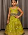 Olive Green Silk Kids Lehenga Choli with Sleeveless Blouse and Zari Embroidery Lace Border – Festive Wear