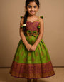 Kids' Designer Pattu Dress – Green with Zari Border and Bow Detail