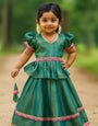 Traditional South Indian Silk Frock for Baby Girls – Green & Pink Pattu Pavadai Style Dress with Puff Sleeves