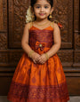 Girls' Orange and Maroon Silk Pattu Dress – Festive Wear for Kids
