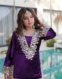 Wine Purple Ice Velvet Zari & Mirror Work Top with Flared Palazzo Set