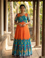 Teal & Orange Kalamkari Print Maslin Gown with Flared Silhouette