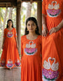 Radiant Orange Muslin Gown with Hand-Painted Swan & Khatli Art
