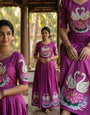 Magenta Maslin Silk Gown with Swan Print & Intricate Khatli Handwork