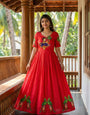 Red Kalamkari Printed Maslin Gown with Khatli Handwork, Moti & Beads
