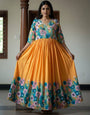 Mustard Floral Printed Maslin Gown with Khatli Handwork | Elegant Ethnic Wear Gown for Women