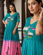 Designer Peacock Green to Pink Ombre Maslin Gown with Lotus Motif Print & Hand Khatli Work