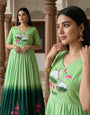 Elegant Ombre Green Maslin Gown with Lotus Floral Print & Traditional Khatli Handwork
