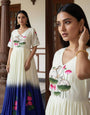 Elegant Cream to Royal Blue Ombre Maslin Gown with Lotus Motif Print & Hand Khatli Work