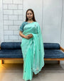 Mint Green Embroidered Saree with Teal Bandhej Blouse | Soothing Ethnic Festive Wear