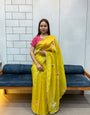 Yellow Embroidered Saree with Teal Bandhej Blouse | Soothing Ethnic Festive Wear