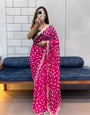Hot Pink Bandhani Georgette Saree with embroidery Lace Border & Matching Blouse Piece