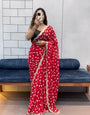 Crimson Red Bandhani Georgette Saree with embroidery Lace Border & Running Blouse