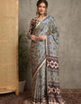 Royal Gajji Silk Saree in Cream & Indigo with Traditional Ajrakh Print