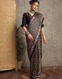Black Gajji Silk Saree with Traditional Red & Beige Ajrakh Patterns and Tassel Detailing