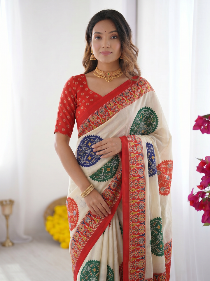 Ivory White & Vermilion Red Pure Modal Silk Saree with Multicolor Mandala Print & Traditional Designer Pallu