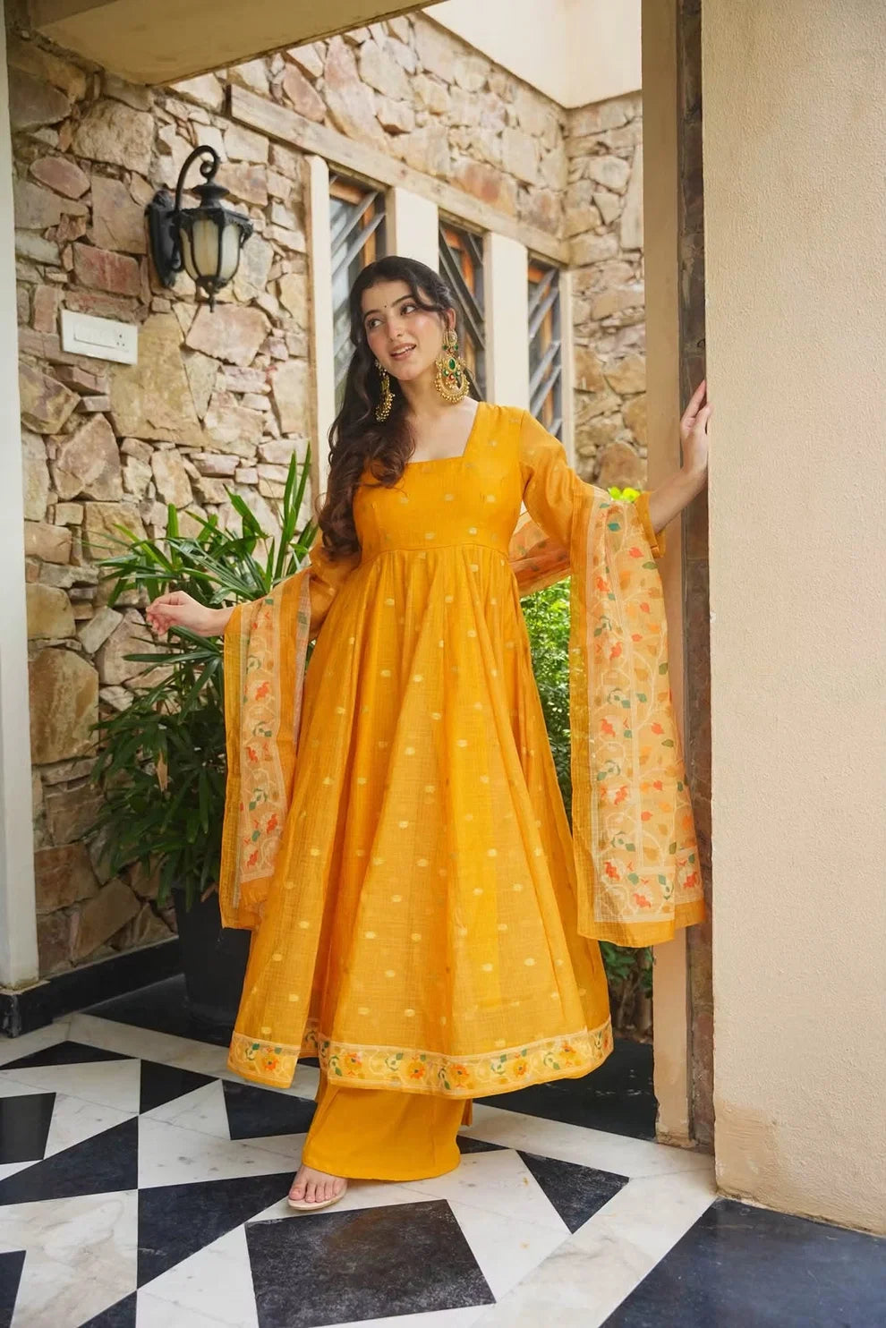 Premium Yellow Kota Doria Kurta Set with Dupatta & Bottom | ShreMall