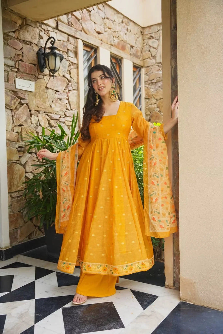 Premium Yellow Kota Doria Kurta Set with Dupatta & Bottom | ShreMall
