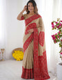 Beige & Crimson Red Bandhani Inspired Modal Silk Saree with Traditional Folk Print Pallu & Stone Embellishments