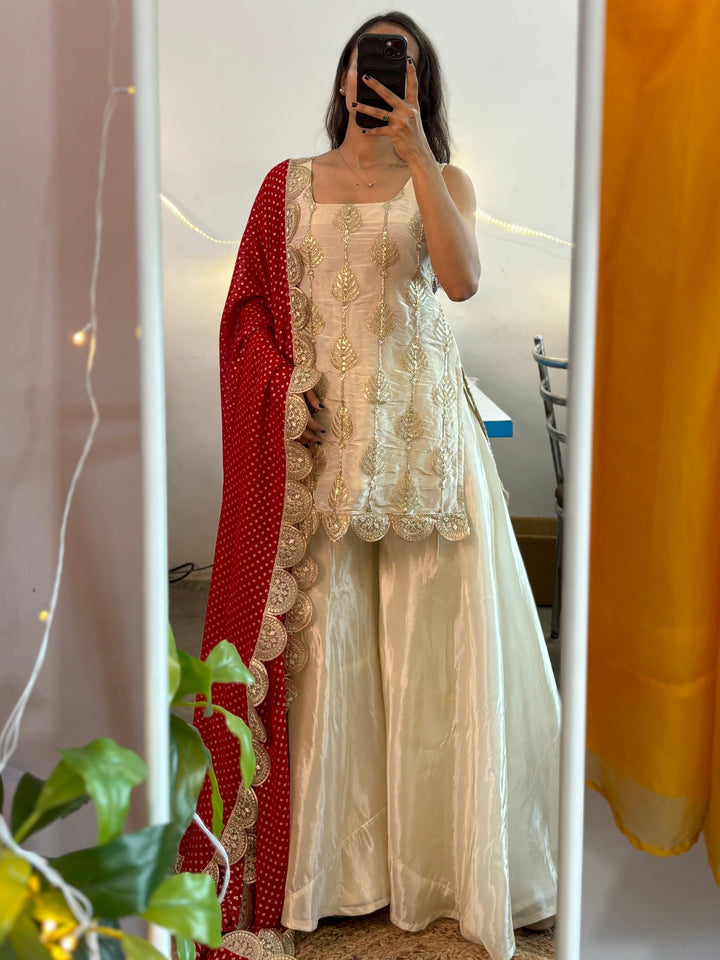 Ivory Silk Sharara Set with Golden Thread Embroidery & Red Bandhej Dupatta – Festive & Wedding Wear