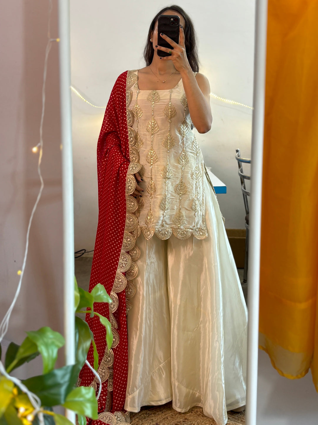 Ivory Silk Sharara Set with Golden Thread Embroidery & Red Bandhej Dup SHREE MALL Ivory Silk Sharara Set with Golden Thread Embroidery & Red Bandhej Dup SHREE MALL
