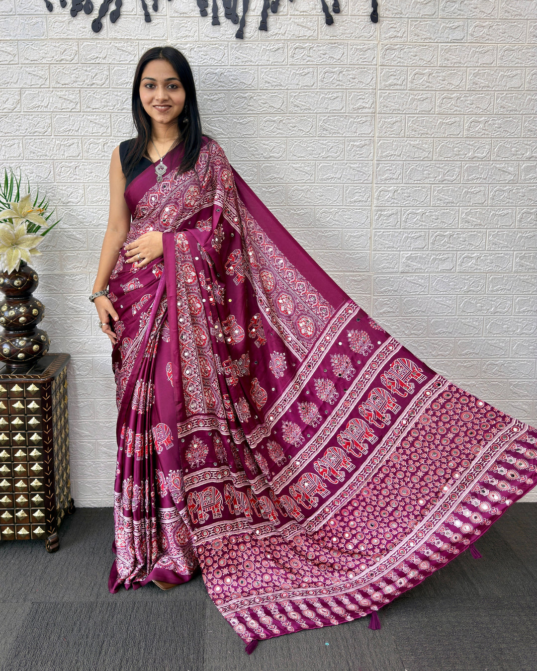Plum Purple Modal Silk Saree with Elephant Motif Print & Heritage Designer Pallu | Traditional Festive Wear Saree