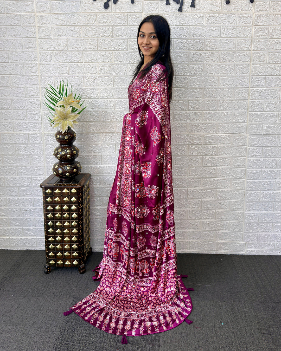 Plum Purple Modal Silk Saree with Elephant Motif Print & Heritage Designer Pallu | Traditional Festive Wear Saree