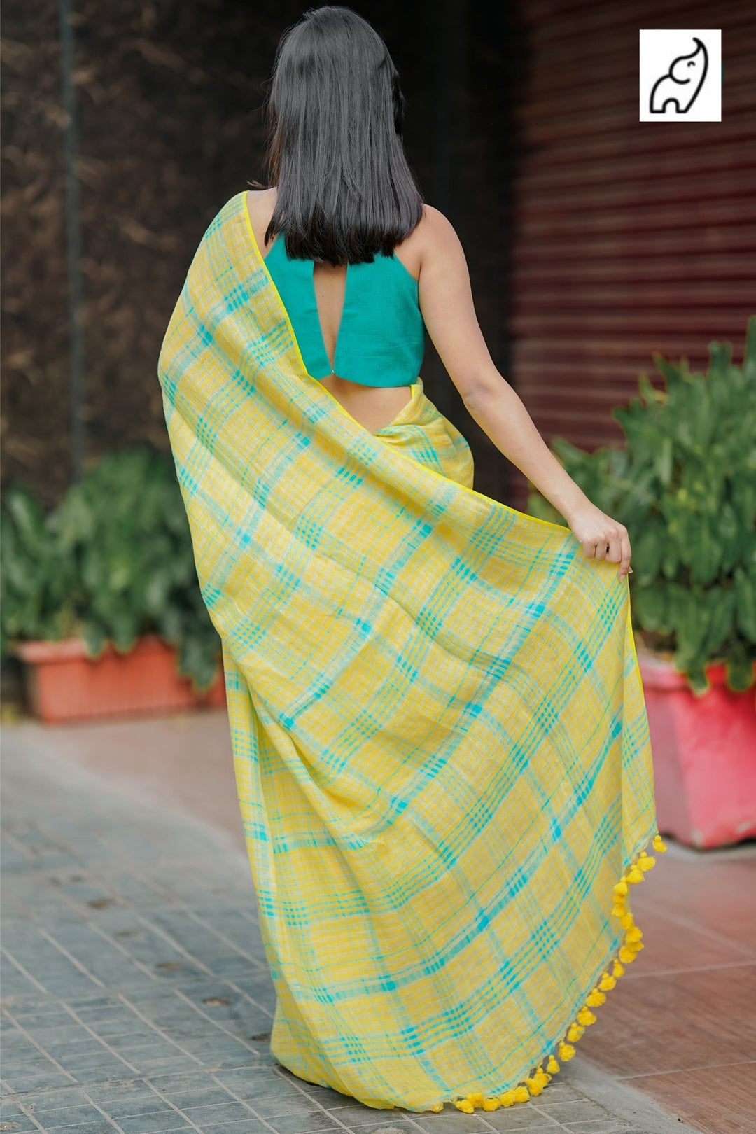Sunshine Yellow & Aqua Blue Checkered Mul Cotton Saree with Tasselled Pallu (Includes Blouse Piece) – Shree Mall