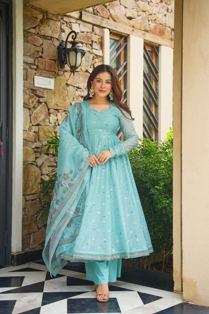 Premium Blue Kota Doria Kurta Set with Dupatta & Bottom | ShreMall