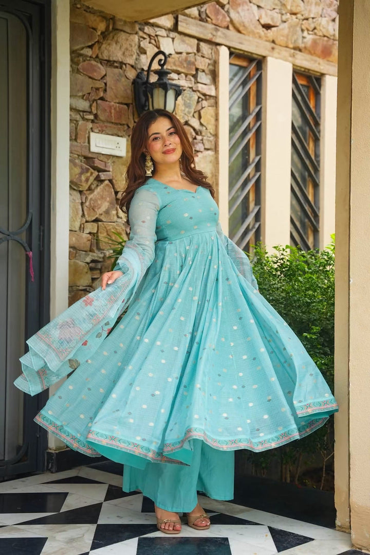 Premium Blue Kota Doria Kurta Set with Dupatta & Bottom | ShreMall