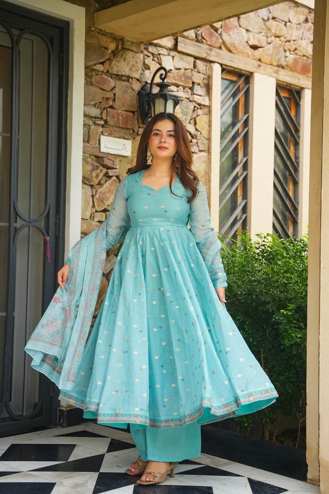 Premium Blue Kota Doria Kurta Set with Dupatta & Bottom | ShreMall