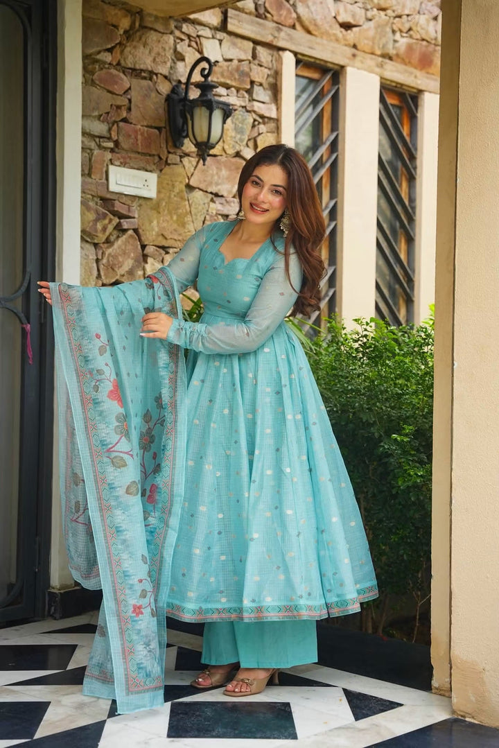 Premium Blue Kota Doria Kurta Set with Dupatta & Bottom | ShreMall