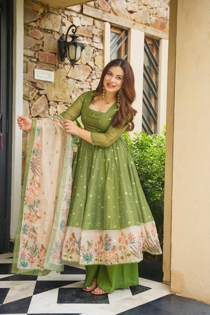 Premium Green Kota Doria Kurta Set with Dupatta & Bottom | ShreMall
