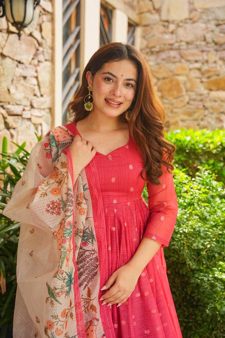 Premium Red Kota Doria Kurta Set with Dupatta & Bottom | ShreMall